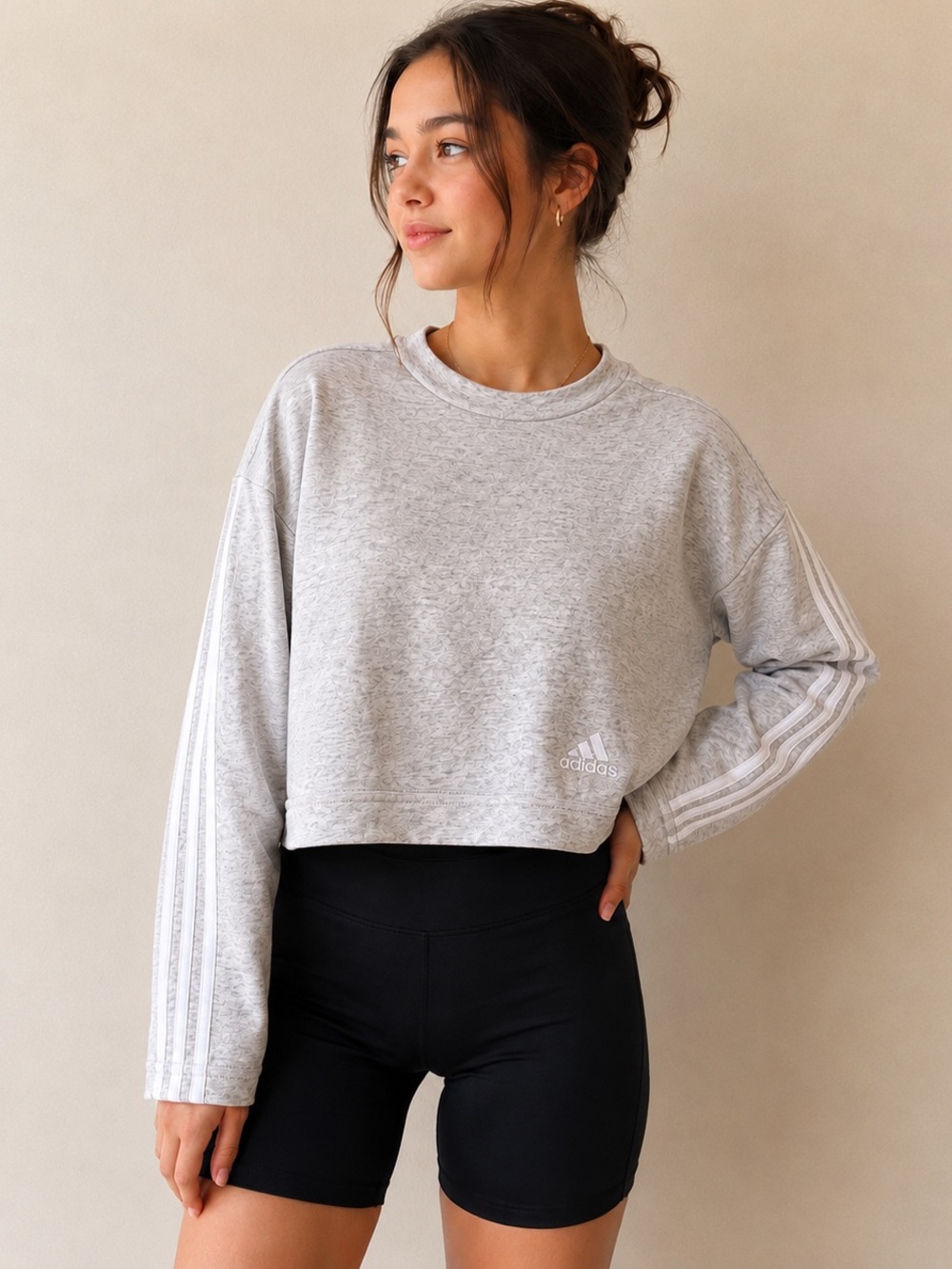 Adidas Cropped Sweatshirt Gray 3 Stripe Crewneck XS